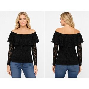 Black Lace Top Small Off Shoulder Ruffle Floral Whimsygoth Fairy Party Date Boho